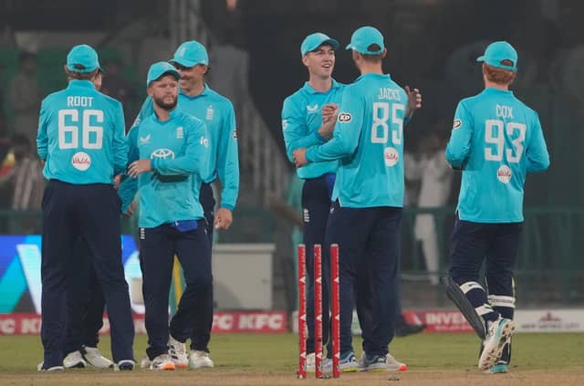 At last, a victory for England and their captain, Harry Brook, third from right, to celebrate at the end of the tri-series. Photo: AP Photo/K.M. Chaudary