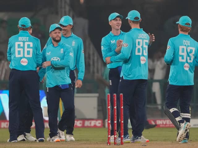 At last, a victory for England and their captain, Harry Brook, third from right, to celebrate at the end of the tri-series. Photo: AP Photo/K.M. Chaudary