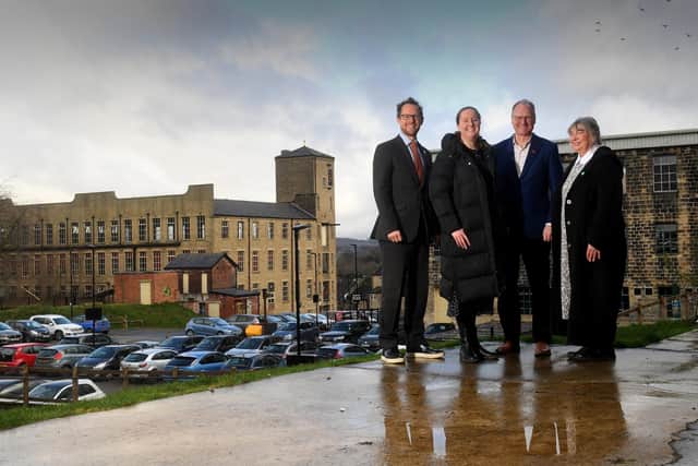 Sunny Bank Mills, Farsley, is celebrating its 10th anniversary of arts and culture at the mill complex. Pictured from the left are John Gaunt, Heritage Director and archive curator Rachel Moaby, William Gaunt and Art Gallery Curator Jane Kay Picture by Simon Hulme