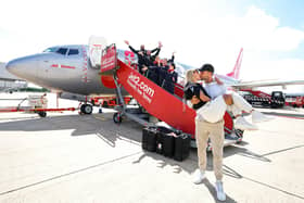Jet2.com library image of Love Island winners Millie Court and Liam Reardon at Stansted Airport