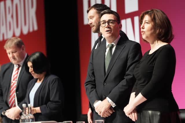 Prime Minister Andy Burnham with Home Secretary Shabana Mahmood and Education Secretary Lucy Powell and party delegates on stage at the end of the Labour Party Conference. PIC: Stefan Rousseau/PA Wire