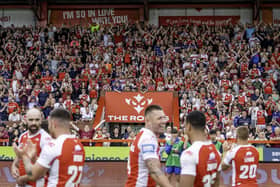 Hull KR celebrate the quarter-final victory with their fans. (Photo: Allan McKenzie/SWpix.com)