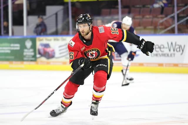 LEARNING PROCESS: Mark Simpson, pictured in action for Stockton Heat in the AHL - the team has now relocated to Canada as the Calgary Wranglers, the affiliate to the NHL's Calgary Flames. Picture courtesy of Calgary Wranglers.