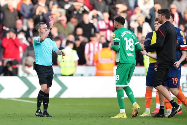 Sheffield United goalkeeper Wes Foderingham is sent off by referee David Webb after the Sky Bet Championship match at Bramall Lane between Sheffield United and Blackpool. Picture: Isaac Parkin/PA Wire