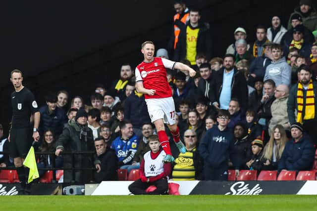 Rotherham United's Shane Ferguson celebrates scoring their side's first goal of the game during the Sky Bet Championship match at Vicarage Road, Watford. Picture: Kieran Cleeves/PA