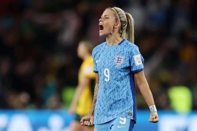 Harrogate's Rachel Daly of England celebrates after the team's 3-1 victory and advance to the final (Picture: Brendon Thorne/Getty Images)