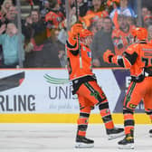WINNER: Breandan Connolly, left, celebrates scoring what proved to be Sheffield Steelers' winning goial against Elite League rivals Dundee Stars. Picture courtesy of Dean Woolley/Steelers Media/EIHL