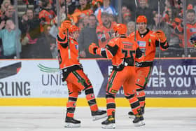 WINNER: Breandan Connolly, left, celebrates scoring what proved to be Sheffield Steelers' winning goial against Elite League rivals Dundee Stars. Picture courtesy of Dean Woolley/Steelers Media/EIHL