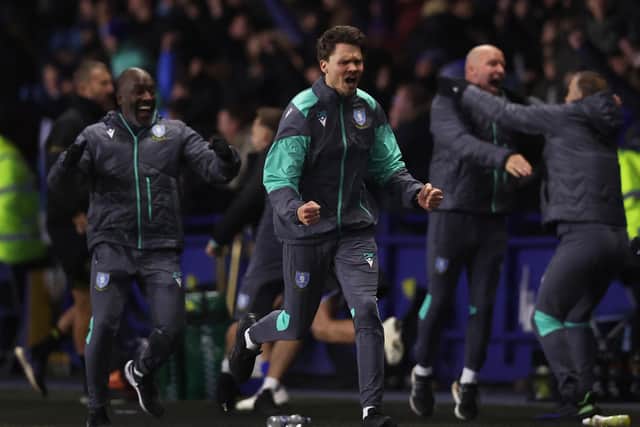 Danny Rohl, centre, manager of Sheffield Wednesday and his coaching staff celebrate Anthony Musaba's winner against Queens Park Rangers (Picture: Nathan Stirk/Getty Images)