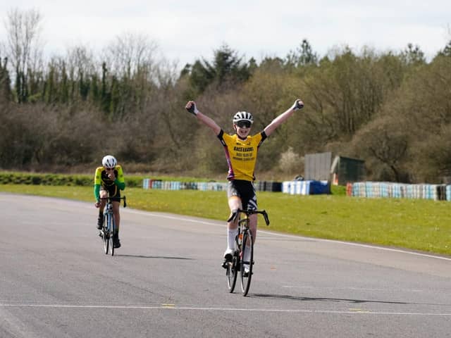 Billy Ladle taking the win at the British Cycling Youth Circuit Championships