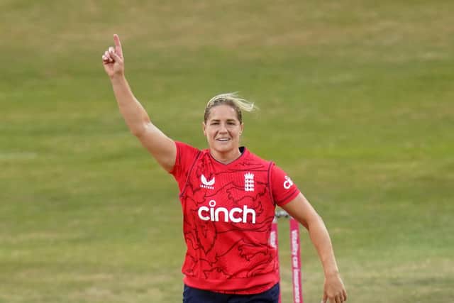 England's Katherine Brunt made it a day to remember in England's T20 win over South Africa on Saturday. Picture: Adam Davy/PA.