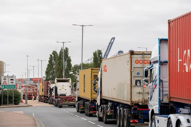 Lorries queue to enter the Port of Felixstowe in Suffolk in October, as workers returned to work at the UK's busiest container port following an eight day strike in a long-running dispute over pay.