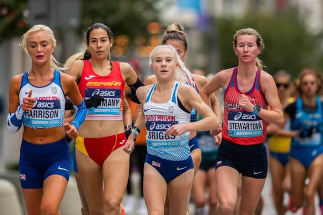 Becky Briggs of Great Britain (2R) competes during the women's race of the 2020 IAAF World Half Marathon Championships in Gdynia, Poland (Picture: MATEUSZ SLODKOWSKI/AFP via Getty Images)