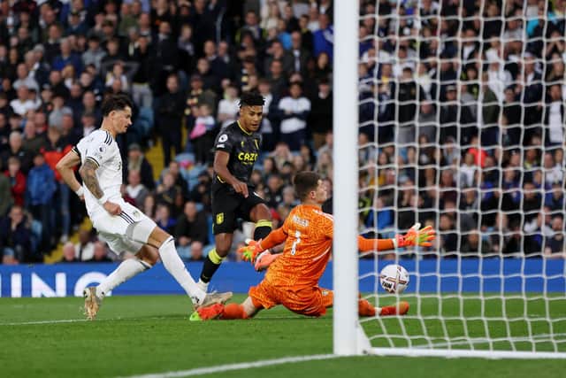 LEEDS, ENGLAND - OCTOBER 02: Ollie Watkins of Aston Villa has a shot saved by Illan Meslier of Leeds United during the Premier League match between Leeds United and Aston Villa at Elland Road on October 02, 2022 in Leeds, England. (Photo by Clive Brunskill/Getty Images)
