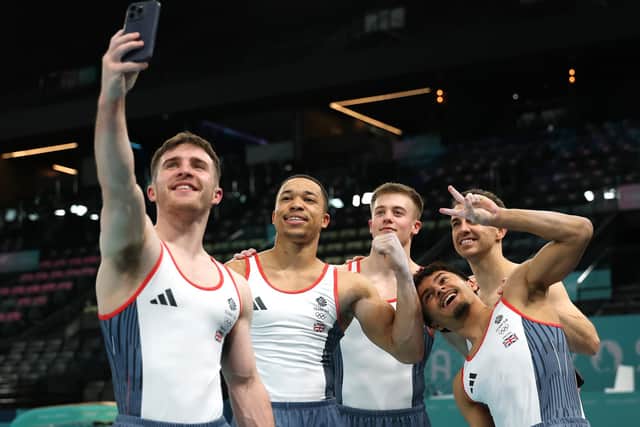 All smiles: Harry Hepworth, Joe Fraser, Luke Whitehouse, Jake Jarman and Max Whitlock of Team Great Britain pose for a selfie during a Gymnastics training session in the Bercy Arena ahead of the Paris 2024 Olympics Games (Picture: Naomi Baker/Getty Images)