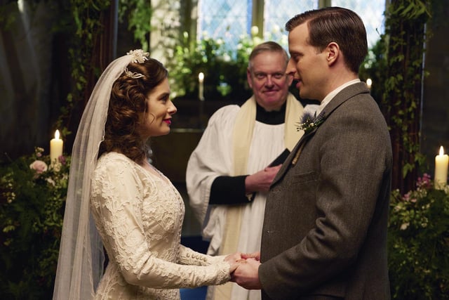Young farmer Helen Alderson (Rachel Shenton) and young vet James Herriot (Nicholas Ralph) tie the knot before their friends and family (although not without the odd hitch).