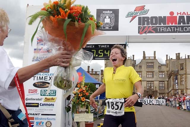 Flowers await Jane Tomlinson as she completes the Half Ironman UK Triathlon at Sherborne Castle. Mrs Tomlinson died in 2007.