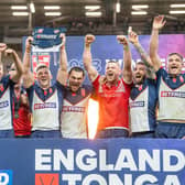 England celebrate their series win over Tonga. (Photo: Allan McKenzie/SWpix.com)