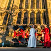 Ripon Cathedral Plough Sunday Service. Pictured The Right Revd Anna Eltringham Bishop of Ripon, with The Very Rev'd John Dobson DL, Dean of Ripon blessing a plough from Ripon Farm Services infront of the Cathedral before this afternoon service. Picture By Yorkshire Post Photographer,  James Hardisty. Date: 14th January 2024.
