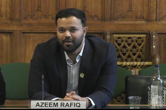 Former Yorkshire County Cricket Club cricketer Azeem Rafiq in front of the Digital, Culture, Media and Sport Committee at the House of Commons, London, on the subject of racism in cricket. Picture date: Tuesday December 13, 2022.