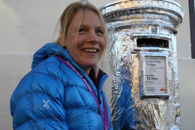 Olympic sliver meadalist Karen Darke at a silver postbox in Mytholmroyd after success at the London 2012 Paralympics. Photo: Charles Round