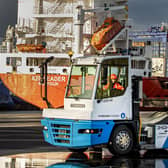 4 January 2023.....       The Terberg tractor fuelled by hydrogen driven by Mia Allen in use at Immingham Container Terminal, Immingham Dock operated by Associated British Ports (APB).Its the first UK port to trial the project using a hydrogen vehicle in a bid to decarbonise its operations.  Picture Tony Johnson