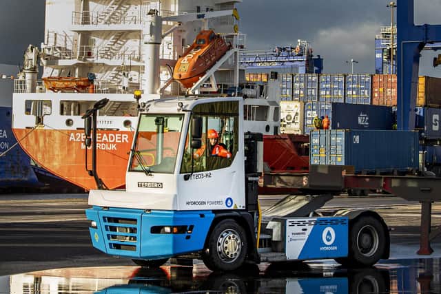 4 January 2023.....       The Terberg tractor fuelled by hydrogen driven by Mia Allen in use at Immingham Container Terminal, Immingham Dock operated by Associated British Ports (APB).
Its the first UK port to trial the project using a hydrogen vehicle in a bid to decarbonise its operations.  Picture Tony Johnson