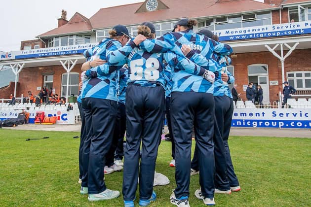 Picture by Allan McKenzie/SWpix.com - 01/05/2024 - Cricket - The Rachael Heyhoe Flint Trophy - Northern Diamonds v The Blaze - North Marine Road, Scarborough, England - The Diamonds huddle prior to taking to the field against the Blaze.