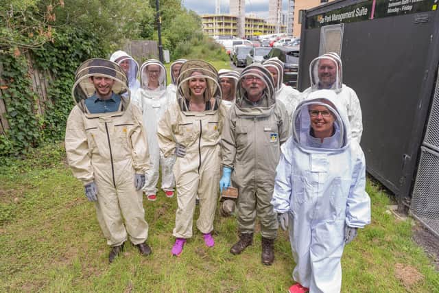 Bill Cadmore beekeeper with  staff from Wellington Place Leeds on his  urban beekeeping course
Picture by Bevan Cockerill