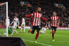 SHEFFIELD, ENGLAND - JANUARY 05:  Leon Clarke, formerly of Sheffield United celebrates after scoring for the Blades during the FA Cup Third Round match between Sheffield United and AFC Flyde at Bramall Lane on January 05, 2020 in Sheffield, England. (Photo by Shaun Botterill/Getty Images)