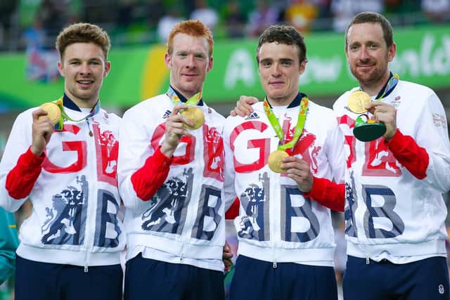 Golden years: Ed Clancy (second left) with Owain Doull, Steven Burke and Sir Bradley Wiggins after winning gold in the men's team pursuit in Rio (Picture: Alex Whitehead/SWPix.com)