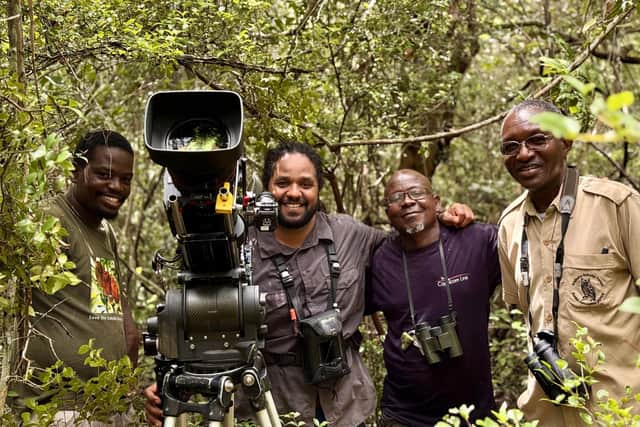 Hamza Yassin on location in Arabuko Sokoke Forest with local guides and experts, tracking down the rare and elusive Sokoke Scops Owl. Credit: BBC/Silverback Filmsuline Kyalo