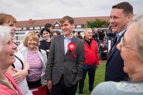 Labour MP Keir Mather (centre) with Labour’s shadow health secretary, Wes Streeting (right) and deputy leader, Angela Rayner (back left) at Selby football club, North Yorkshire, after winning the Selby and Ainsty by-election. PIC: Stefan Rousseau/PA Wire