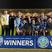 Huddersfield Town Women with the Sheffield and Hallamshire County Cup trophy won at Doncaster Rovers Belles.