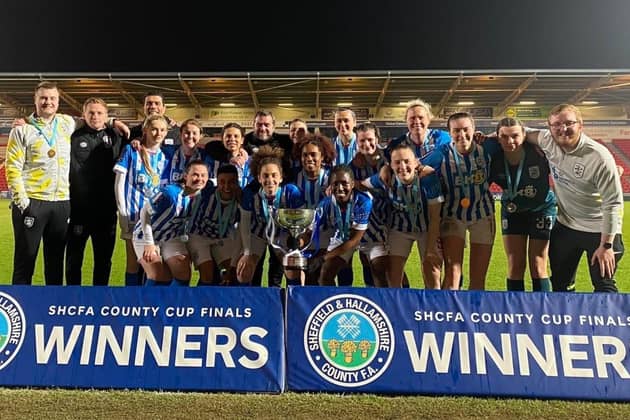 Huddersfield Town Women with the Sheffield and Hallamshire County Cup trophy won at Doncaster Rovers Belles.