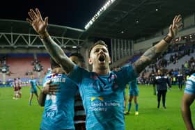 Comeback kings: Leeds Rhinos' Richie Myler celebrates with the travelling fans after one of the more remarkable results of the season (Picture: Ed Sykes/SWpix.com)