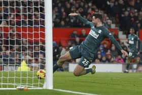 Highlight: Middlesbrough's Matt Crooks scores his side's opening goal during the English FA Cup fourth round between Manchester United and Middlesbrough at Old Trafford in  2022. (AP Photo/Jon Super)