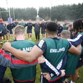 England head coach Shaun Wane during the team huddle after training on Tuesday. (Picture: Ed Sykes/SWpix.com)