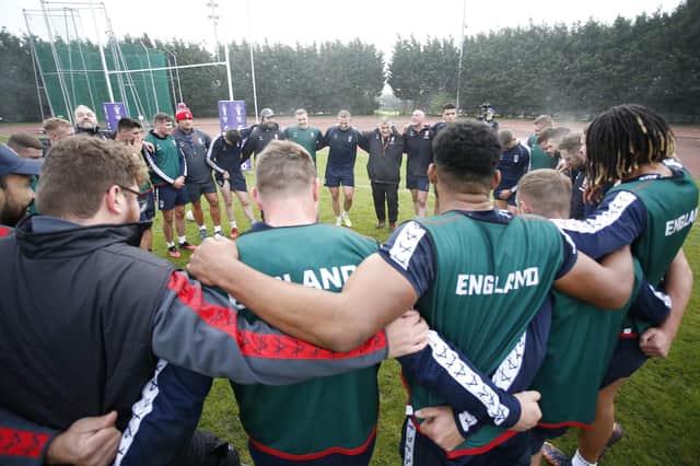 England head coach Shaun Wane during the team huddle after training on Tuesday. (Picture: Ed Sykes/SWpix.com)