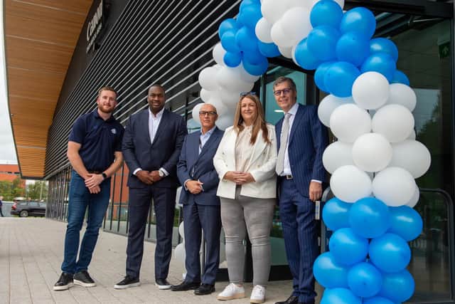 "It's a team of visionaries": At the launch of the Canon Medical Arena, from left, Marko Backovic, Atiba Lyons, Yuri Matischen and Sarah Backovic of the Sharks and Mark Hitchman, managing director of Canon Medical (Picture: Adam Bates)