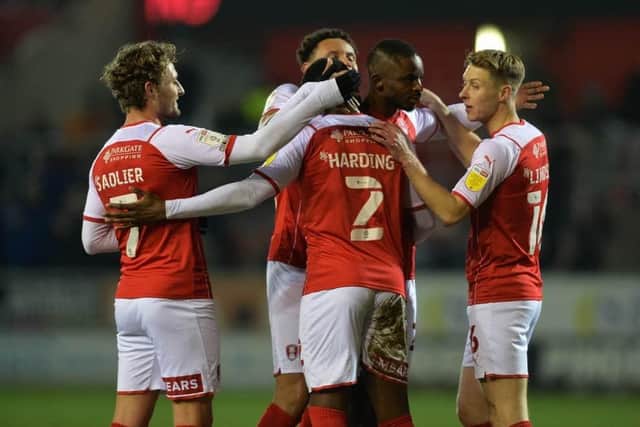 Rotherham United players celebrate Wes Harding's first-ever senior goal earlier this season - for the Millers against Birmingham City. Picture: Bruce Rollinson