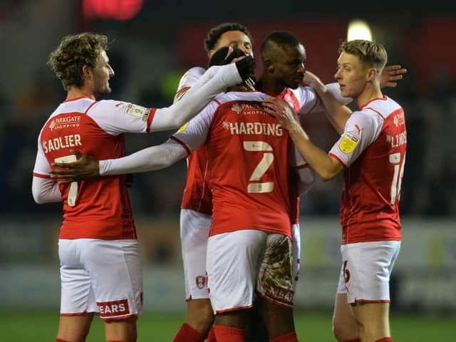 Rotherham United players celebrate Wes Harding's first-ever senior goal earlier this season - for the Millers against Birmingham City. Picture: Bruce Rollinson