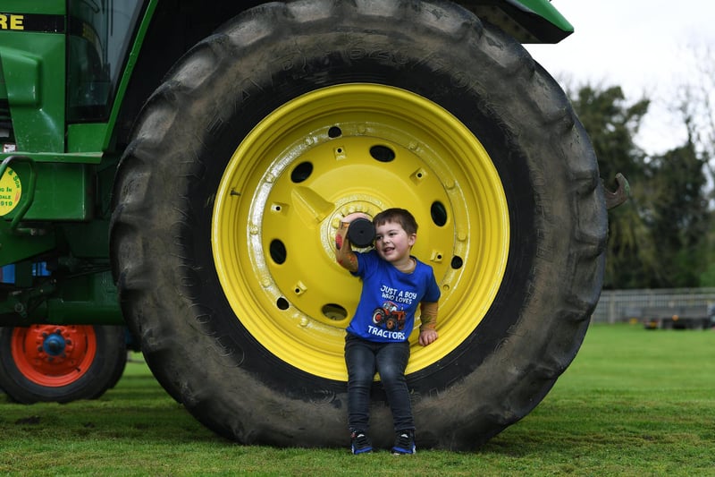 Three-year-old Ted Charles from Bedale at the third Brian Chester Road Run around villages near Ripon organised by the West Yorkshire group of the National Vintage Tractor and Engine Club (NVTEC) in memory of local farmer, founding Tractor Fest member and former NVTEC chairman Brian Chester in anticipation of Tractor Fest at Newby Hall in June. 
13th April 2024
Picture Jonathan Gawthorpe