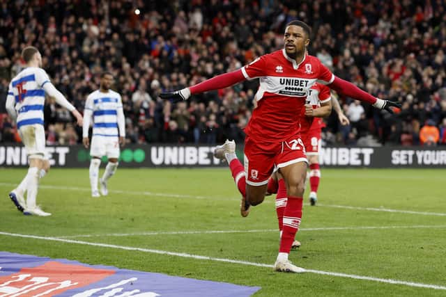 Middlesbrough's Chuba Akpom celebrates his 2nd goal during the Sky Bet Championship match at the Riverside Stadium, Middlesbrough. Picture: Richard Sellers/PA