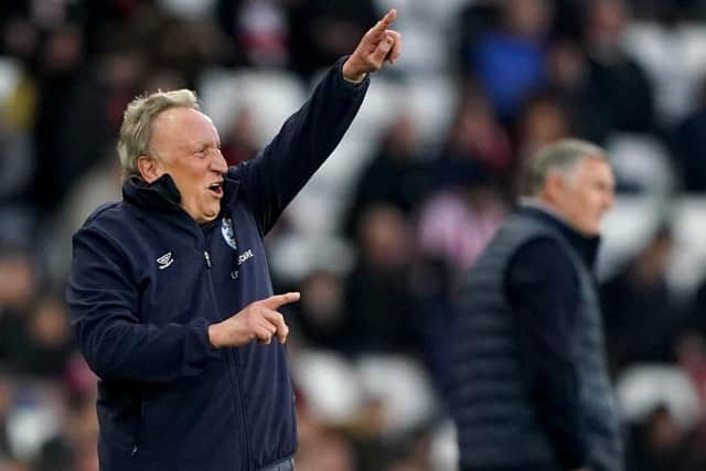 NOW HEAR THIS: Huddersfield Town manager Neil Warnock gestures to his players at the Stadium of Light Picture: Owen Humphreys/PA