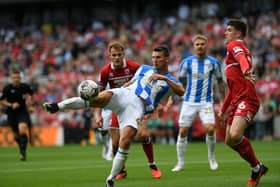 Huddersfield Town defender Matty Pearson goes close in the first half for the Terriers in their recent Championship game at Middlesbrough. Picture: Jonathan Gawthorpe