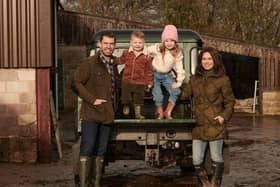 Kelvin Fletcher with his wife Liz and children Marnie and Milo at their farm