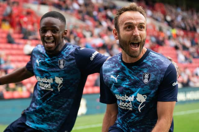 PROMISING: Rotherham United's Liam Kelly (right) celebrates after scoring against Charlton Athletic at The Valley. Picture: James Mannig/PA