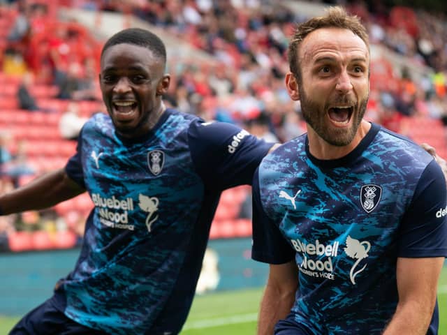 PROMISING: Rotherham United's Liam Kelly (right) celebrates after scoring against Charlton Athletic at The Valley. Picture: James Mannig/PA