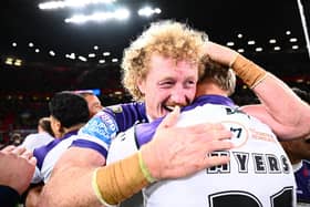 Lachlan Walmsley celebrates Wakefield's Old Trafford success - but he remains without a contract for next year. (Photo: Olly Hassell/SWpix.com)
